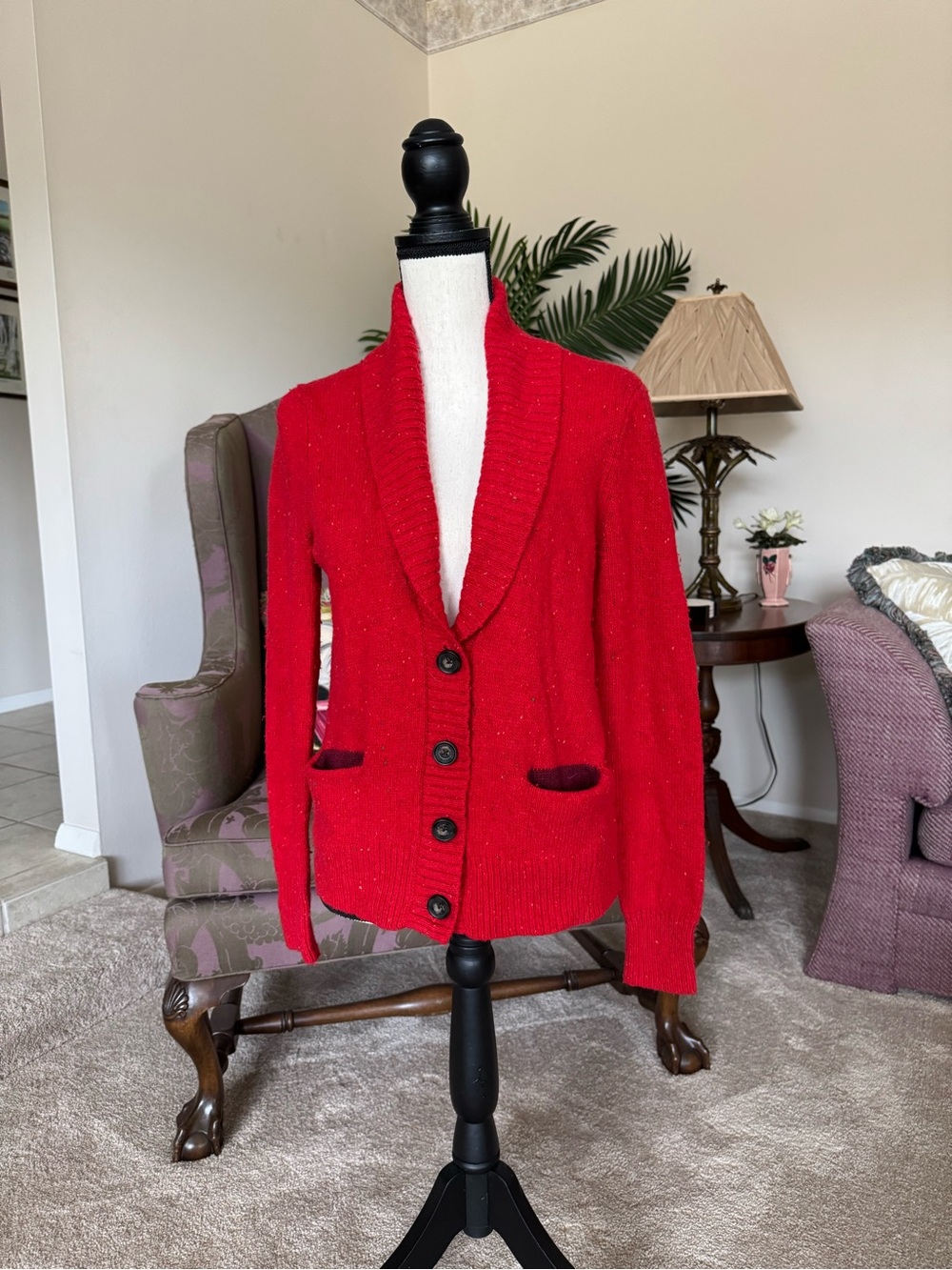 American Eagle Outfitters Red Shawl-Collar Cardigan with Fleck Detail